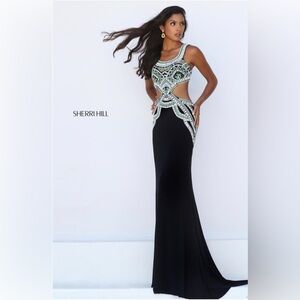 Sherri Hill 50297 Beaded Top Cutout Mermaid Formal Prom Gown Navy Blue Sz 4